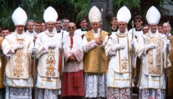 'Operation Survival' on June 30th 1988.  From left to right:  Bishops de Galleretta, Tissier de Mallerais, de Castro Mayer, Archbishop Lefebvre, and Bishops Williamson and Fellay